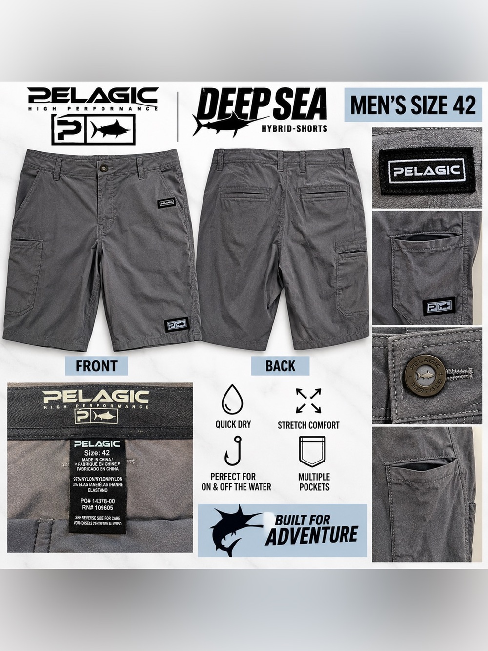 Pelagic Deep Sea Hybrid Cargo Fishing Shorts Gray Men’s Size 42